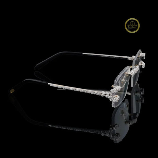 Rimless Rectangular Diamond Sunglasses with Floral Bridge & Open-Loop Diamond Hinges