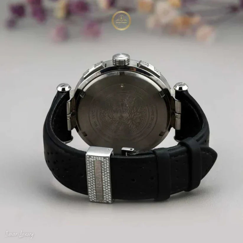 Blue Chronograph Watch with Diamond Bezel & Black Rubber Strap - View 4