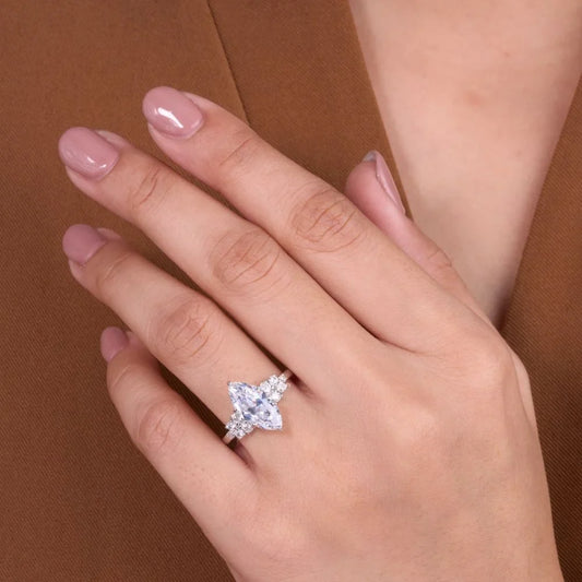 Marquise Cut Moissanite Diamond Engagement Ring With Pave Band