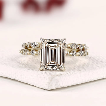 Hidden Halo Emerald Cut Lab Diamond Bridal Set with Pave Band
