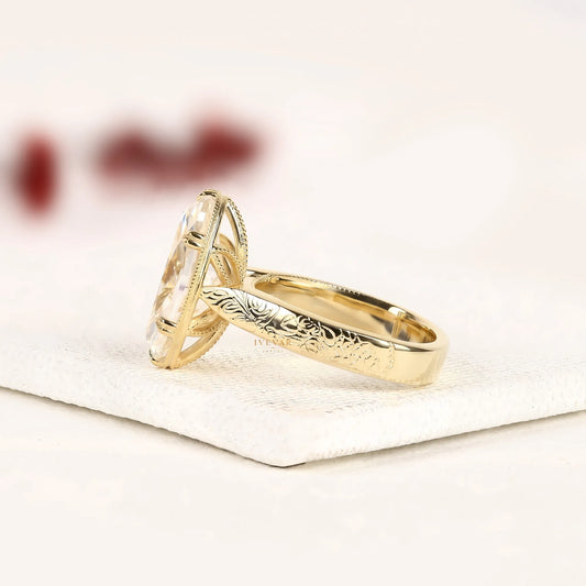Vintage Oval Cut Lab Solitaire Diamond Ring with Engraved Band