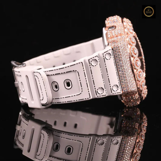 Half Iced Out Diamond Digital Watch with White Resin Strap