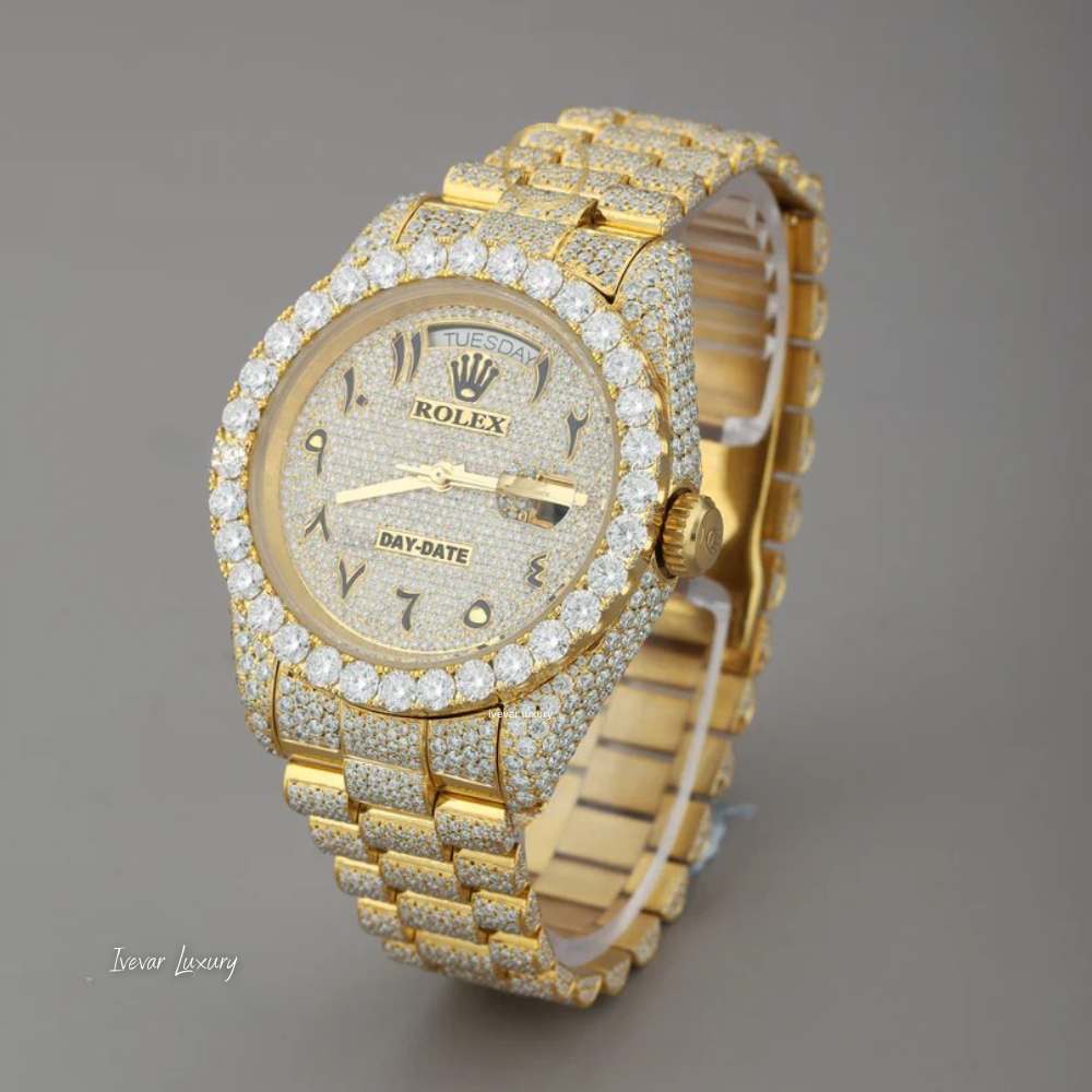 Full Iced Out Yellow Gold Calendar Watch with Arabic Numeral Diamond Dial - View 2