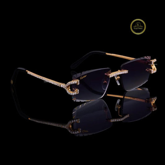 Rose Gold Rimless Diamond Sunglasses with Open-Loop Hinges & Pavé Bridge
