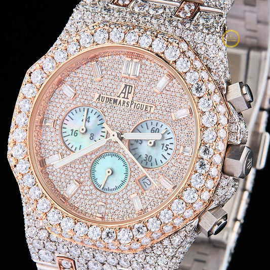 Full Iced Out Diamond Chronograph Watch with Ice Blue Subdials & Two-Tone Finish