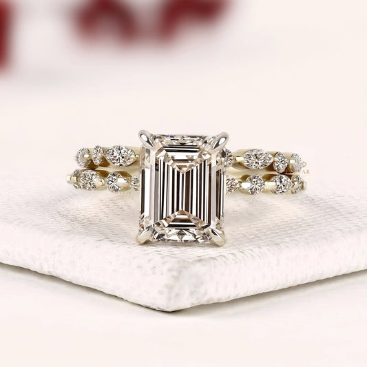 Hidden Halo Emerald Cut Moissanite Diamond Bridal Set with Pave Band