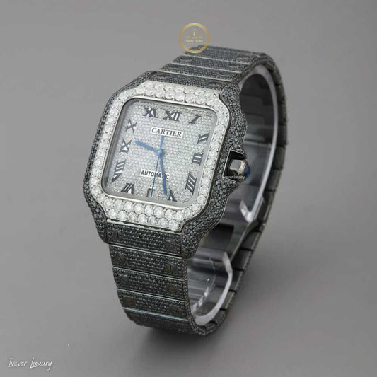 Full Iced Out Black Rhodium Square Watch with Diamond Dial & Roman Numerals - View 2