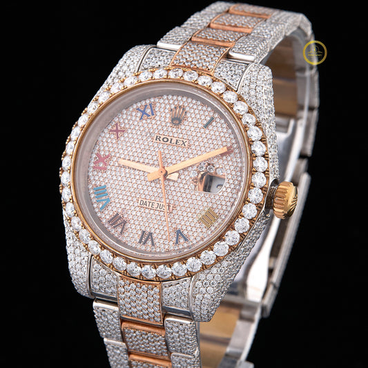Full Iced Out Diamond Day-Date Watch with Multicolor Roman Dial & Two-Tone Finish