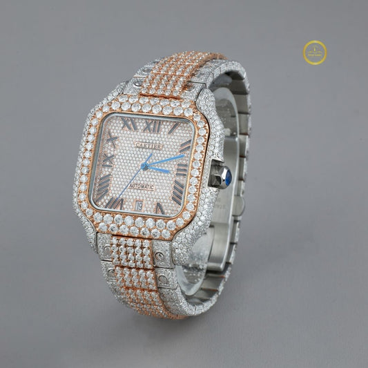 Full Iced Out Two-Tone Diamond Square Watch with Roman Dial & Pave Link Band - View 2