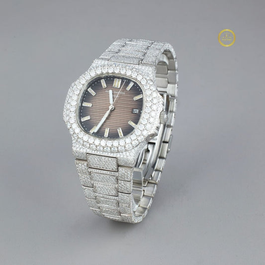 Full Iced Out Diamond Watch with Brown Sunburst Dial & Diamond Link Band