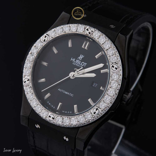 Round Cut Diamond Bezel Classic Fusion Style Watch with Black Leather Strap