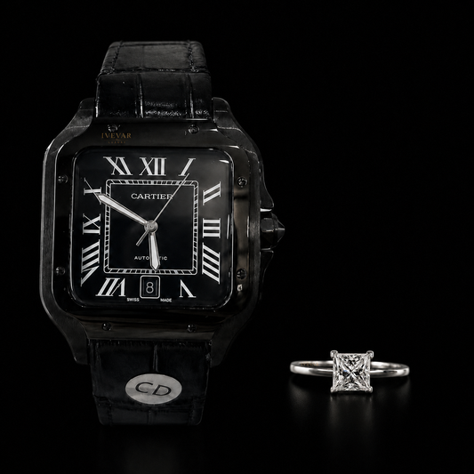 Timeless Elegance Cartier Inspired Watch & Princess Cut Moissanite Diamond Ring Set