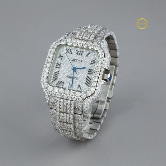 Full Iced Out Diamond Square Watch with Roman Dial & Pave Link Band