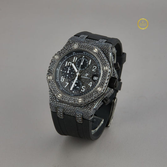 Black Iced Out Diamond Chronograph Watch with Black Rubber Strap