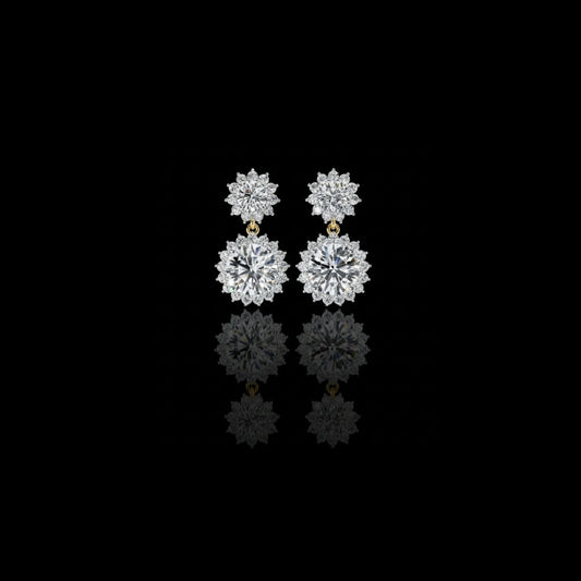 Sunburst Floral Halo Round Brilliant Moissanite Diamond Drop Earring
