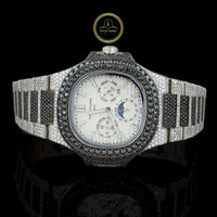Black Diamond Annual Calendar Moonphase Watch with Pavé Bracelet & White Gold Finish