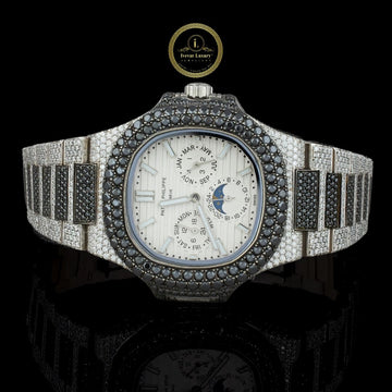 Black Diamond Annual Calendar Moonphase Watch with Pavé Bracelet & White Gold Finish