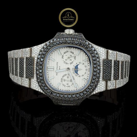 Black Diamond Annual Calendar Moonphase Watch with Pavé Bracelet & White Gold Finish