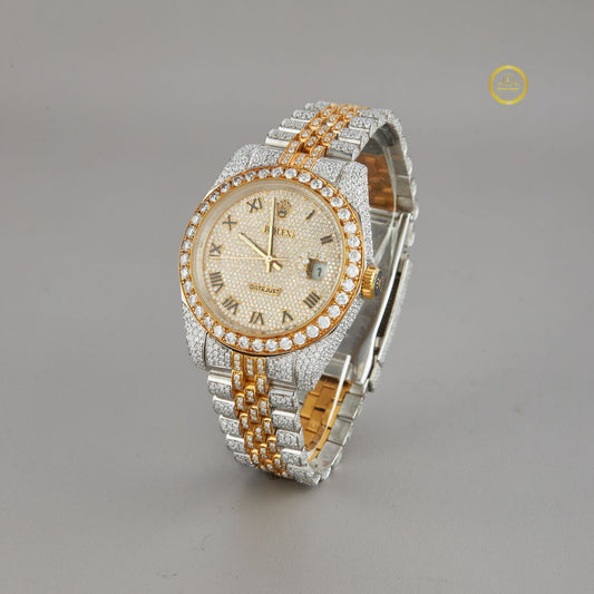 Full Iced Out Two-Tone Diamond Day-Date Watch with Pavé Dial & Roman Numerals