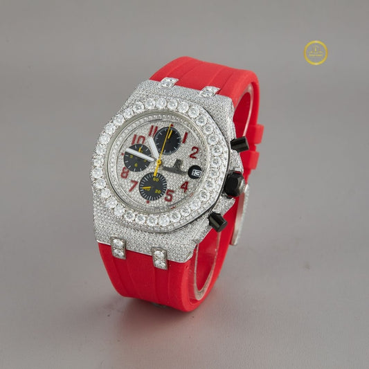 Half Iced Out Moissanite Diamond Chronograph Watch with Red Rubber Strap