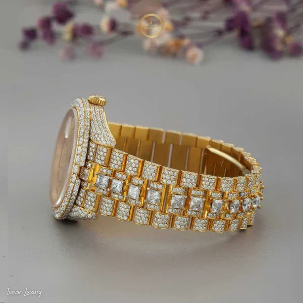 Yellow Gold Calendar Watch with Round Diamond Bracelet & Diamond Bezel - View 3