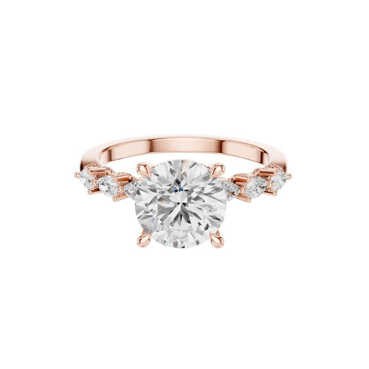 Round Cut Brilliant Moissanite Diamond Ring With Pear Accents Band