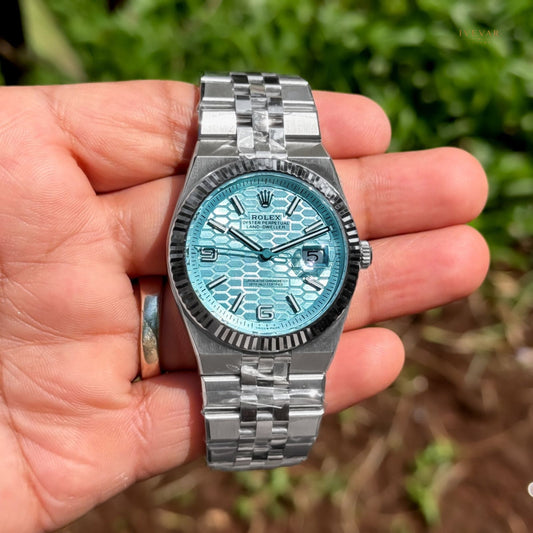 Royal Luxe Timepiece Set Moissanite Baguette And Round Diamond Detail & Ice Blue Sophistication