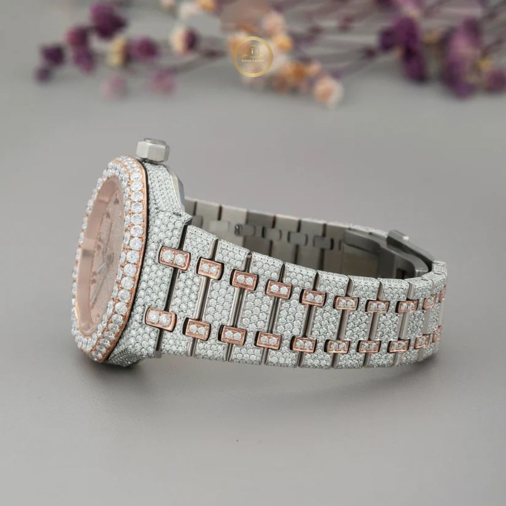 Full Iced Out Two-Tone Calendar Diamond Watch with Arabic Numeral Dial - View 3