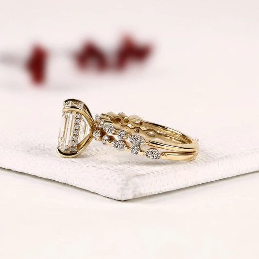 Hidden Halo Emerald Cut Moissanite Diamond Bridal Set with Pave Band