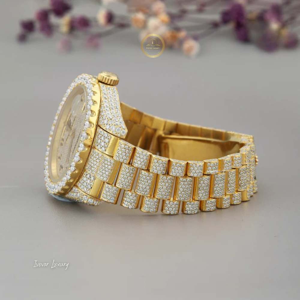 Full Iced Out Yellow Gold Calendar Watch with Arabic Numeral Diamond Dial - View 3