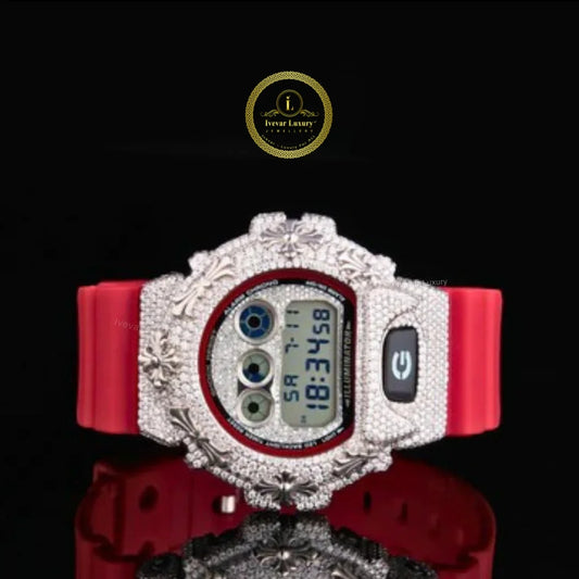 Diamond Paved Digital Sports Watch with Red Performance Strap