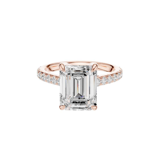Emerald Cut Moissanite Diamond Engagement Ring Pave Band