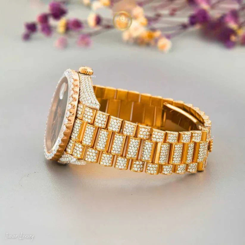 Rose Gold Calendar Watch with Green Face Round Diamond Executive Band - View 3