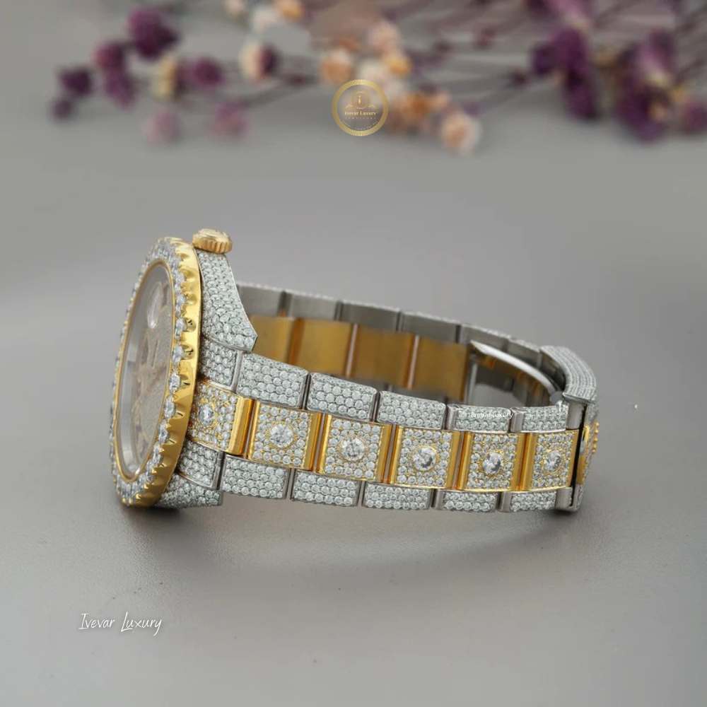 Full Iced Out Two-Tone Calendar Watch with Black Roman Diamond Dial and Date Display - View 3