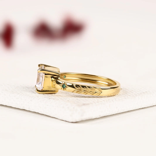 Emerald Cut Moissanite Diamond Engagement Ring With Celestial Star Engraved Band