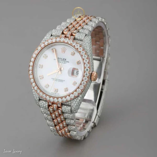 Full Iced Out Two-Tone Calendar Watch with White MOP Dial & Diamond Markers - View 2