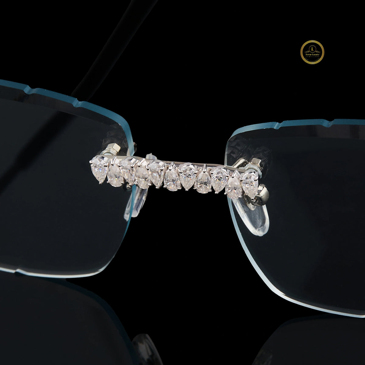 Rimless Rectangular Diamond Sunglasses with Floral Bridge & Open-Loop Diamond Hinges - View 3