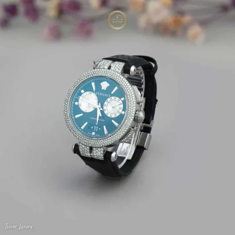Blue Chronograph Watch with Diamond Bezel & Black Rubber Strap - View 2