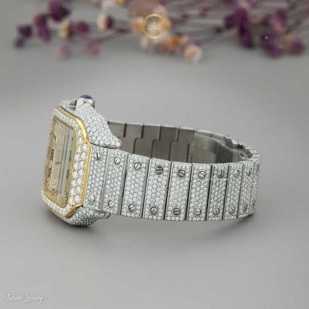 Full Iced Out Square Diamond Watch Black Roman Numerals & Two-Tone Band - View 3