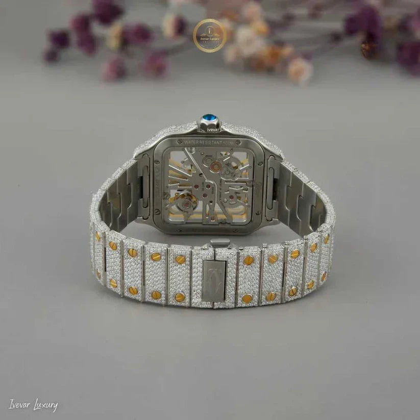Full Iced Out Two-Tone Skeleton Square Style Watch with Diamond Band - View 4