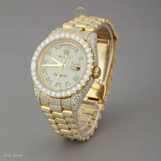 Full Iced Out Yellow Gold Calendar Watch with Green Roman Numeral Diamond Dial - View 2