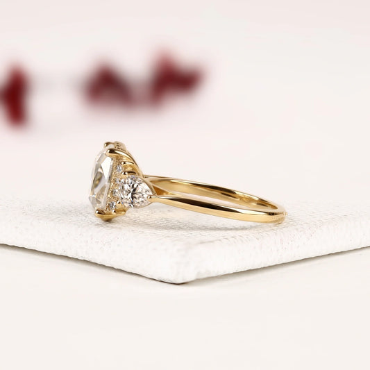 Cushion Cut Three Stone Lab Diamond Engagement Ring with Pear Side Stones