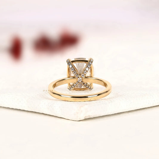 Cushion Cut Lab Diamond Solitaire Hidden Halo Ring