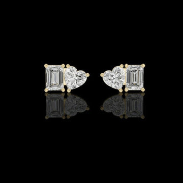 Dual Spark Heart & Emerald Cut Moissanite Diamond Stud Earrings