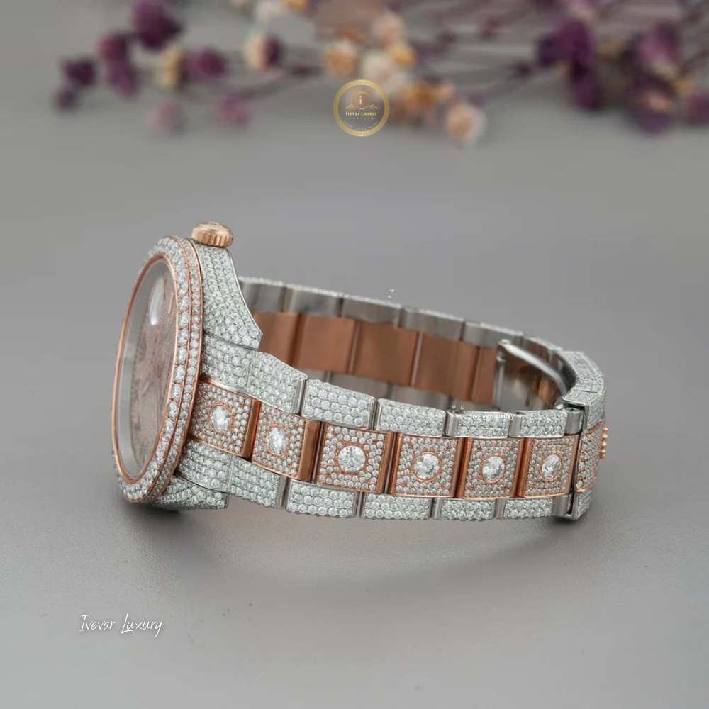 Full Iced Out Two-Tone Calendar Watch with Black Roman Diamond Dial - View 3