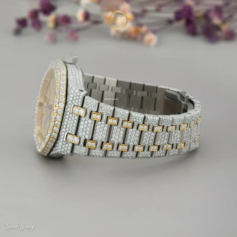 Full Iced Out Two-Tone Octagon Style Watch with Diamond Dial & Baton Markers - View 3