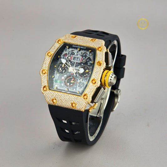 Two-Tone Half Iced Out Skeleton Chronograph Moissanite Diamond Watch With Rubber Strap