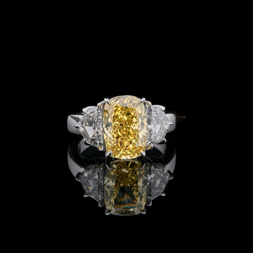Fancy Yellow Cushion Cut Three Stone Moissanite Ring