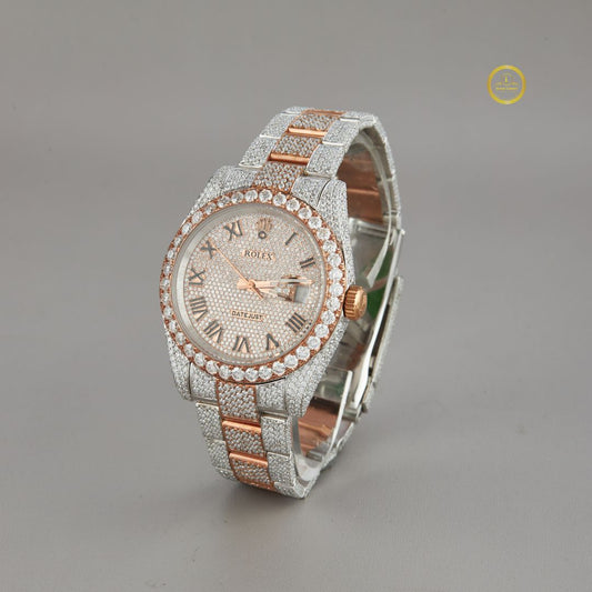 Full Iced Out Two-Tone Rose Gold Diamond Day-Date Watch with Pavé Dial & Roman Numerals