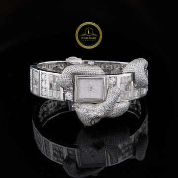 Full Iced Out Panther Diamond Watch with Square Pavé Dial & Baguette Link Band
